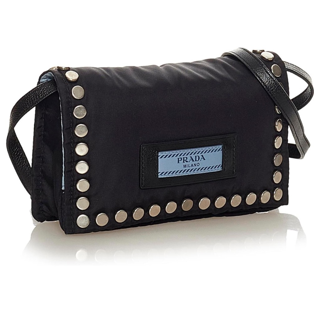 Prada Etiquette Flap Bag Studded Tessuto Mini